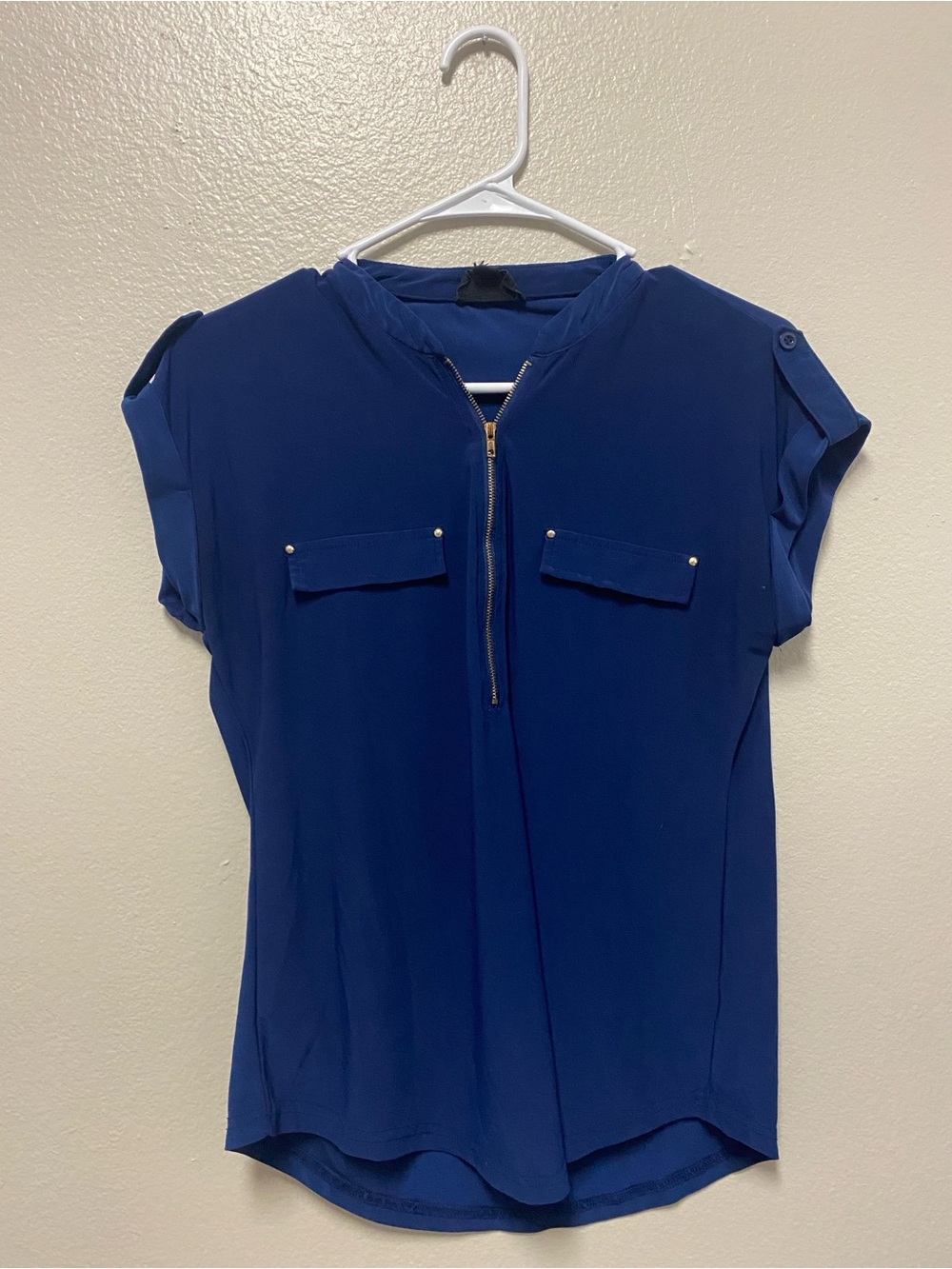 Classic Navy Short-Sleeve Zip-Front Blouse